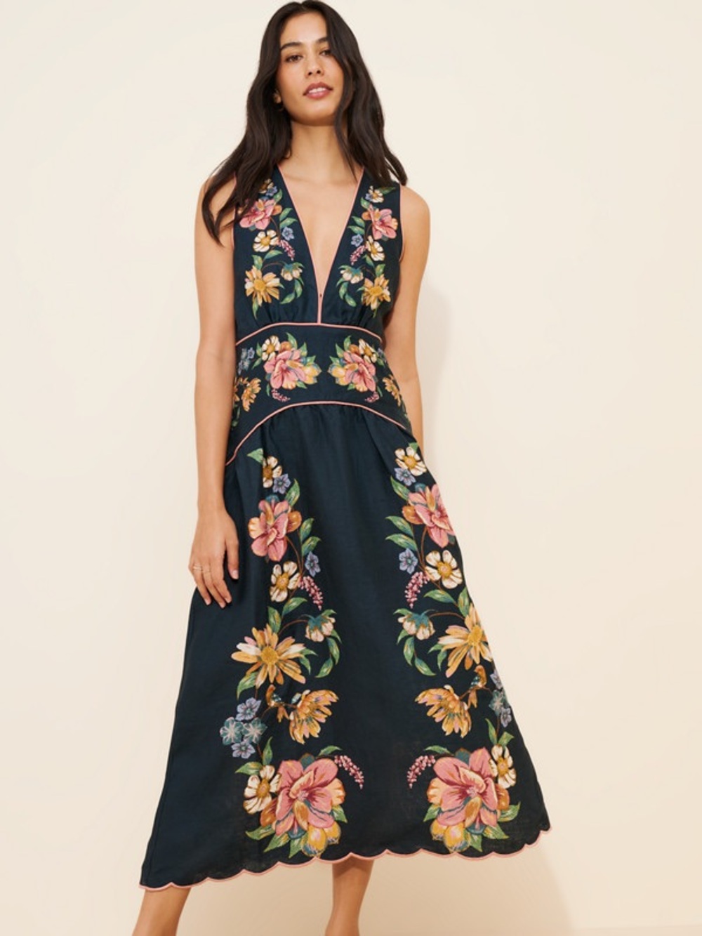 FARM Rio Maira Floral Dark Blue Linen Midi Dress Size Medium NWT - Picture 5 of 16
